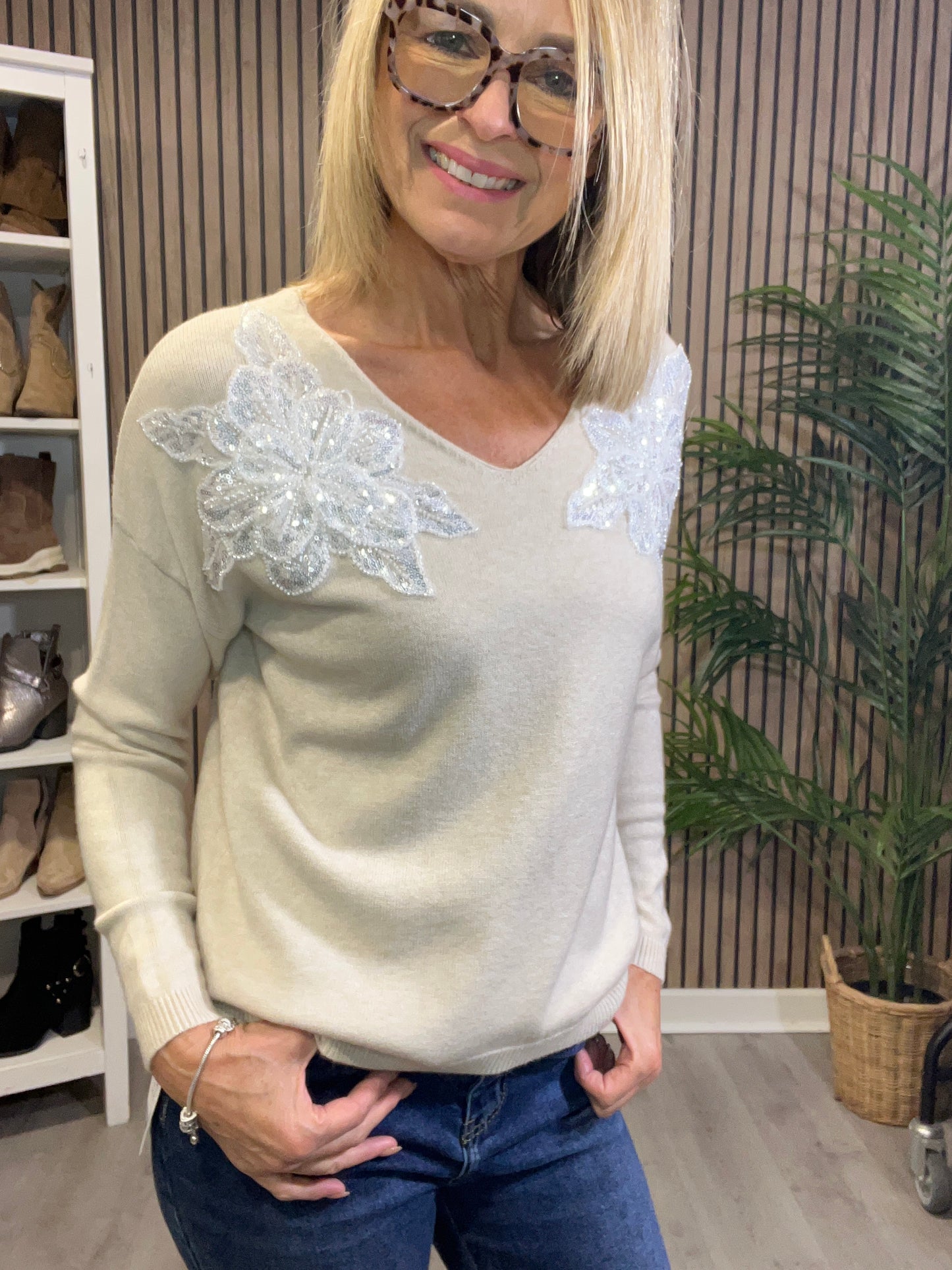 Lace Flower Shoulder Detail Knit in Beige