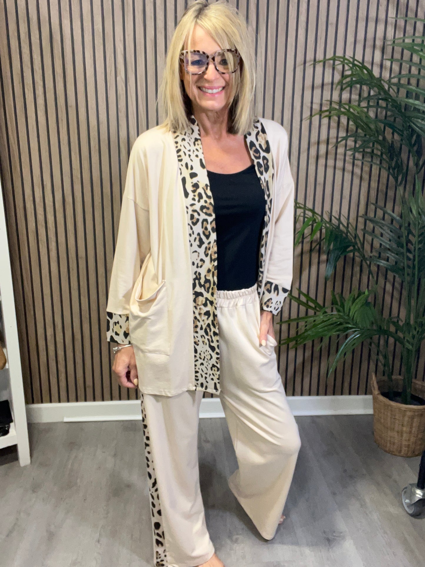 Animal Print Trim Trousers in Beige
