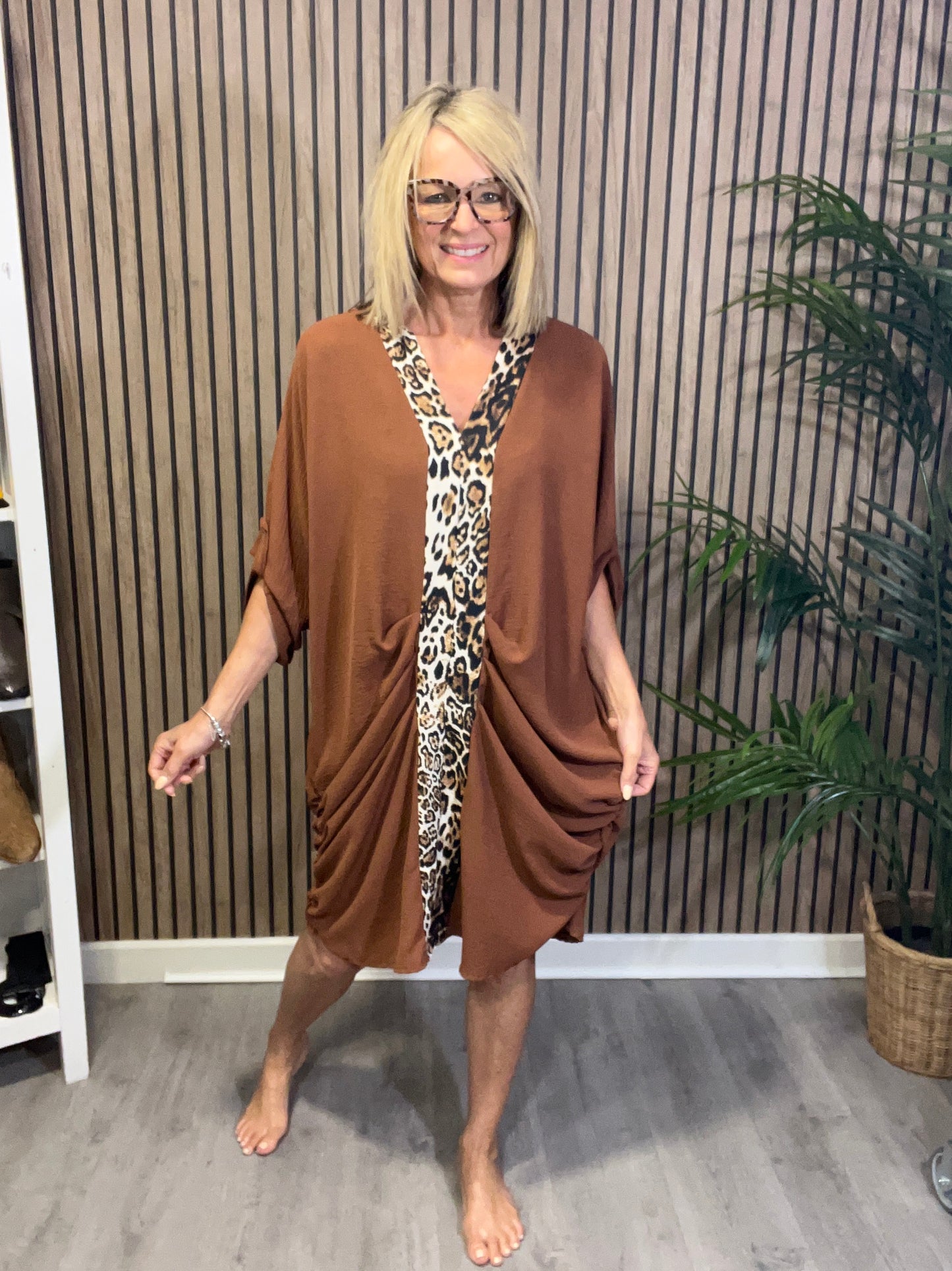 Leopard Print Trim Dress in Tan
