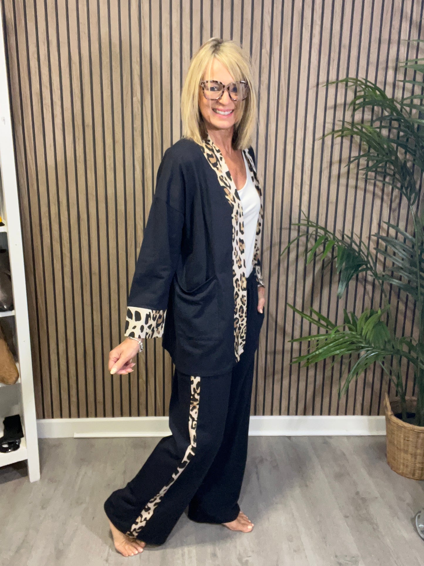 Animal Print Trim Jacket in Navy Blue