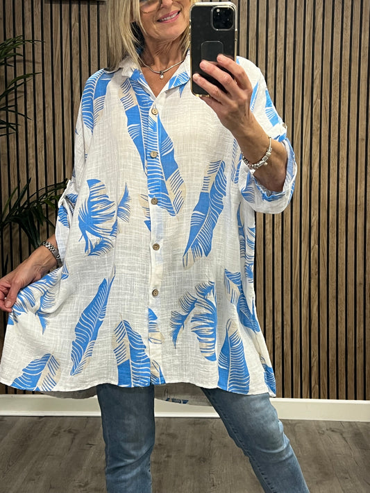 Leaf Print Cotton Shirt In Blue