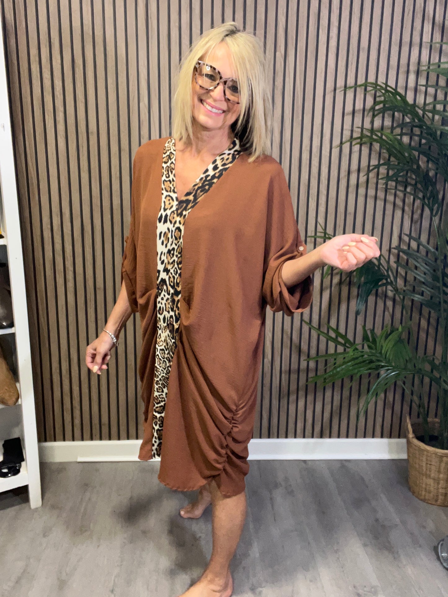 Leopard Print Trim Dress in Tan