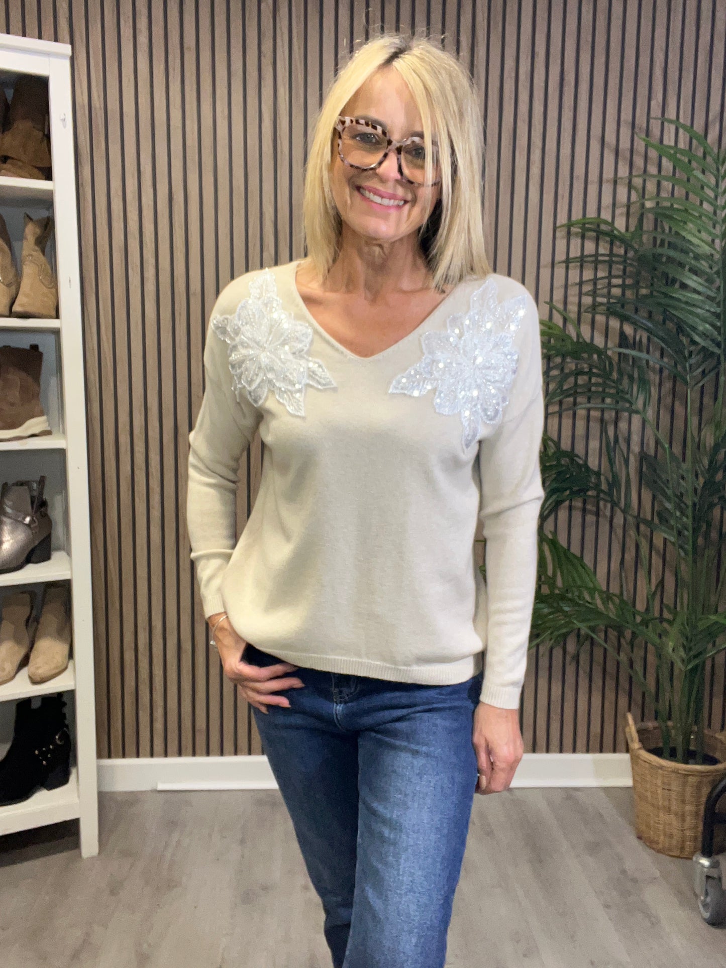 Lace Flower Shoulder Detail Knit in Beige