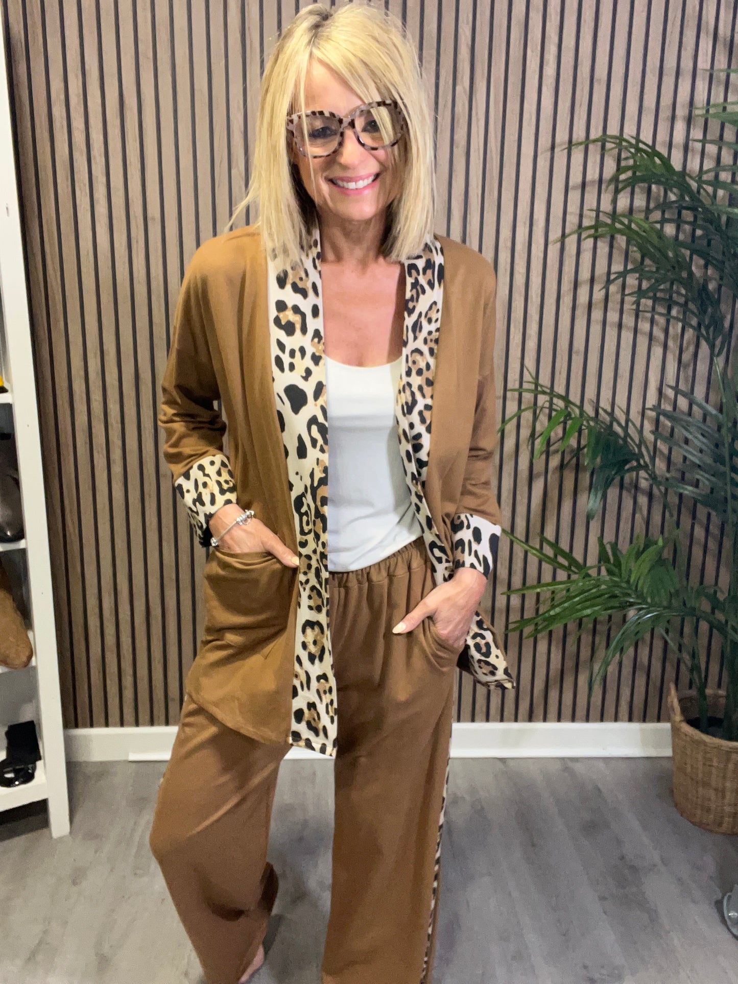 Animal Print Trim Jacket in Camel