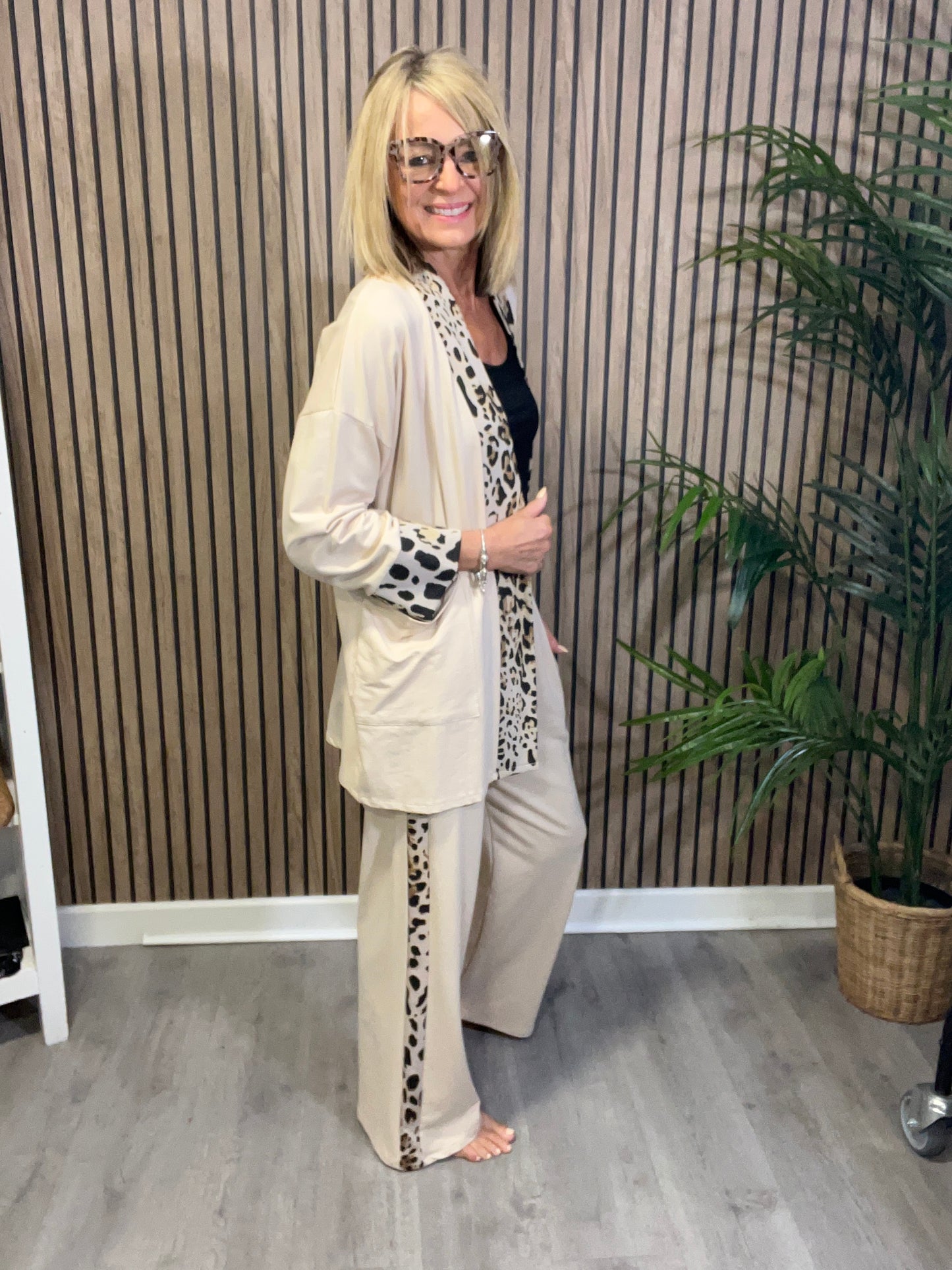 Animal Print Trim Trousers in Beige