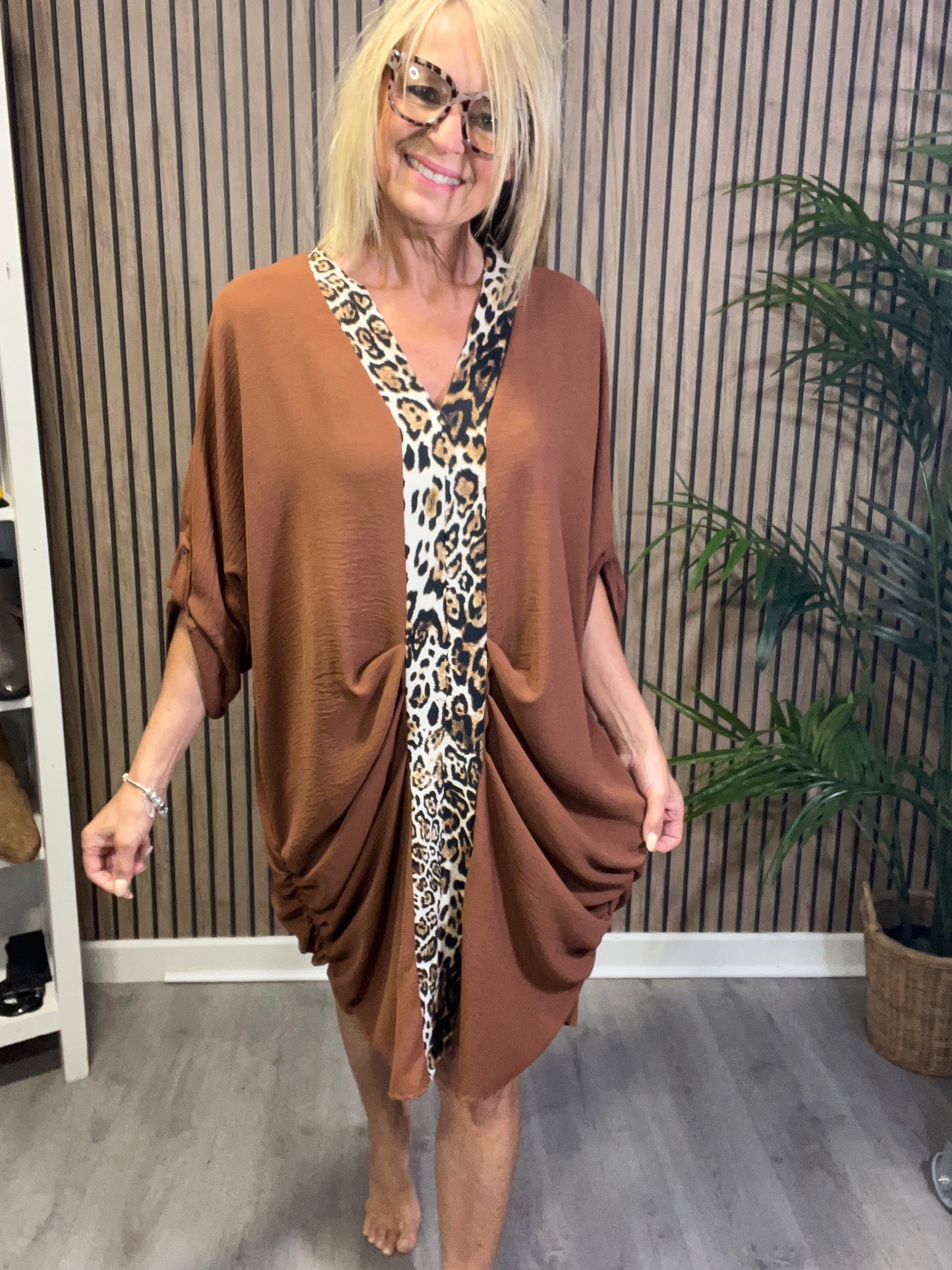 Leopard Print Trim Dress in Tan