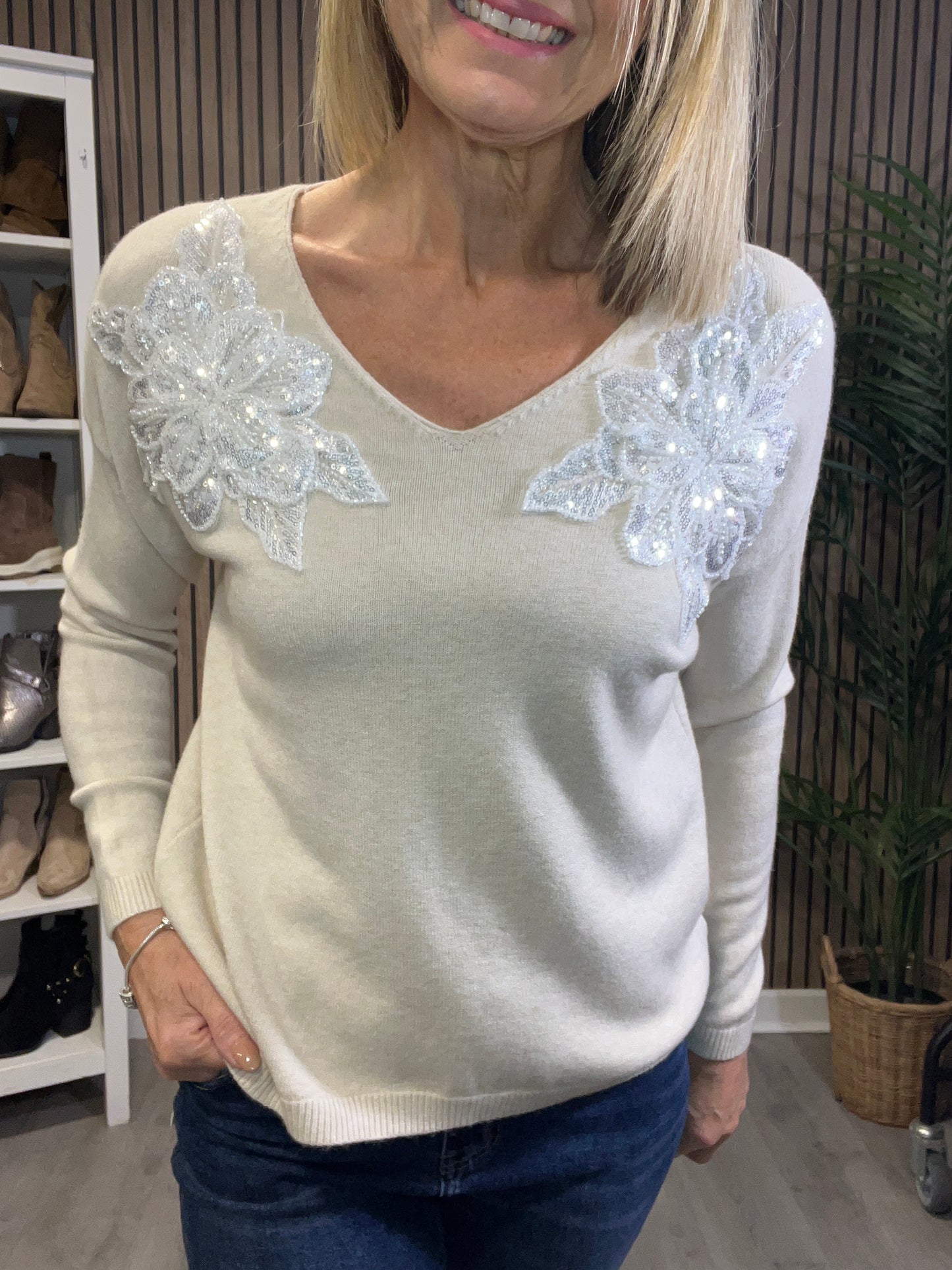 Lace Flower Shoulder Detail Knit in Beige