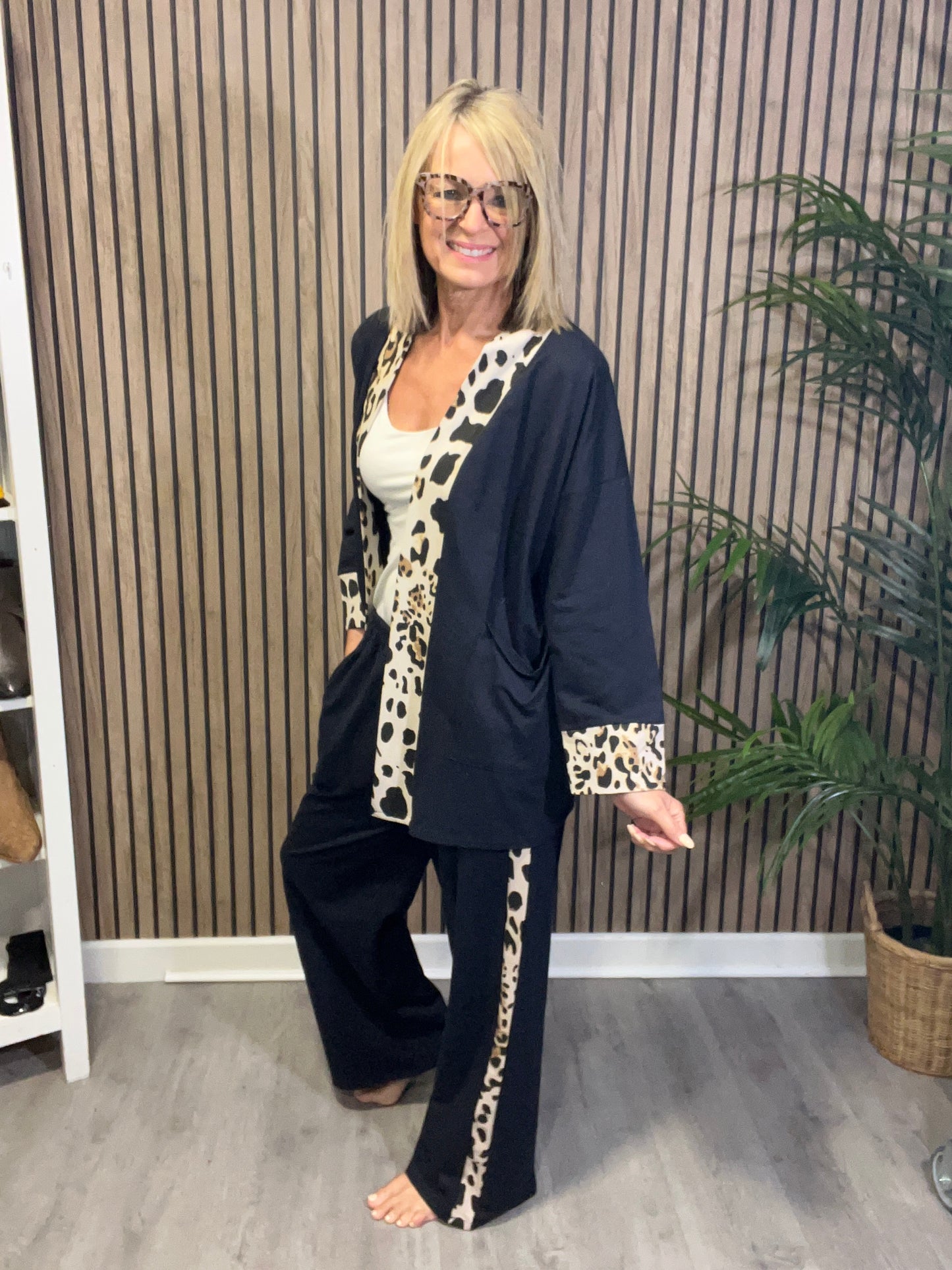 Animal Print Trim Jacket in Navy Blue