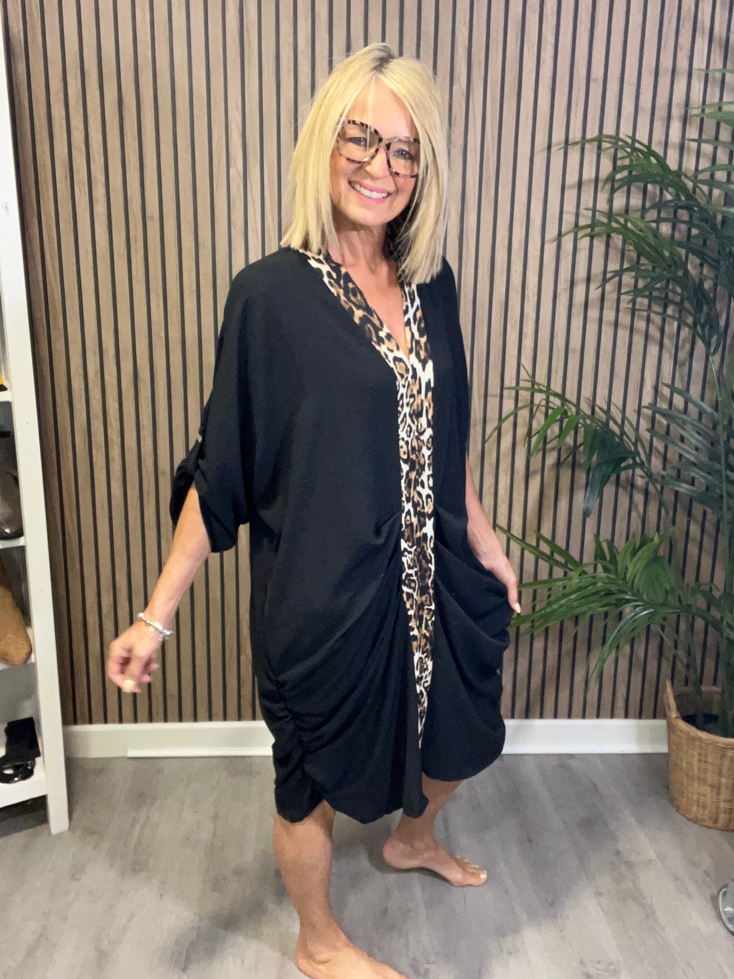 Leopard Print Trim Dress in Black