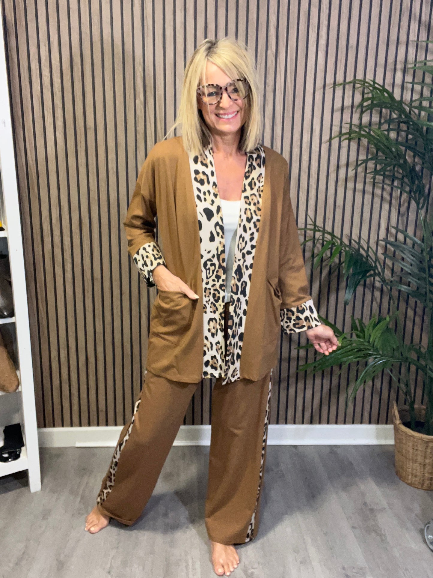 Animal Print Trim Jacket in Camel