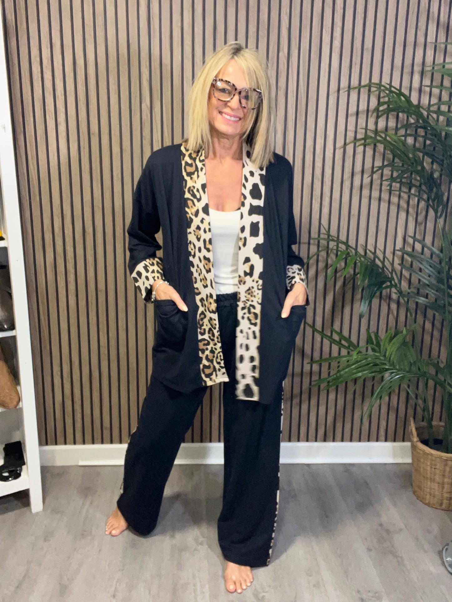 Animal Print Trim Jacket in Navy Blue