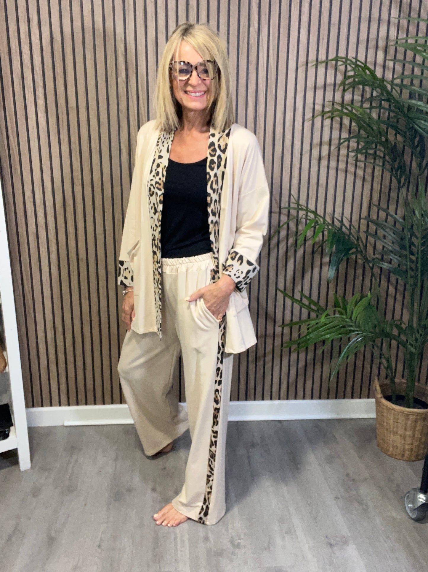 Animal Print Trim Trousers in Beige