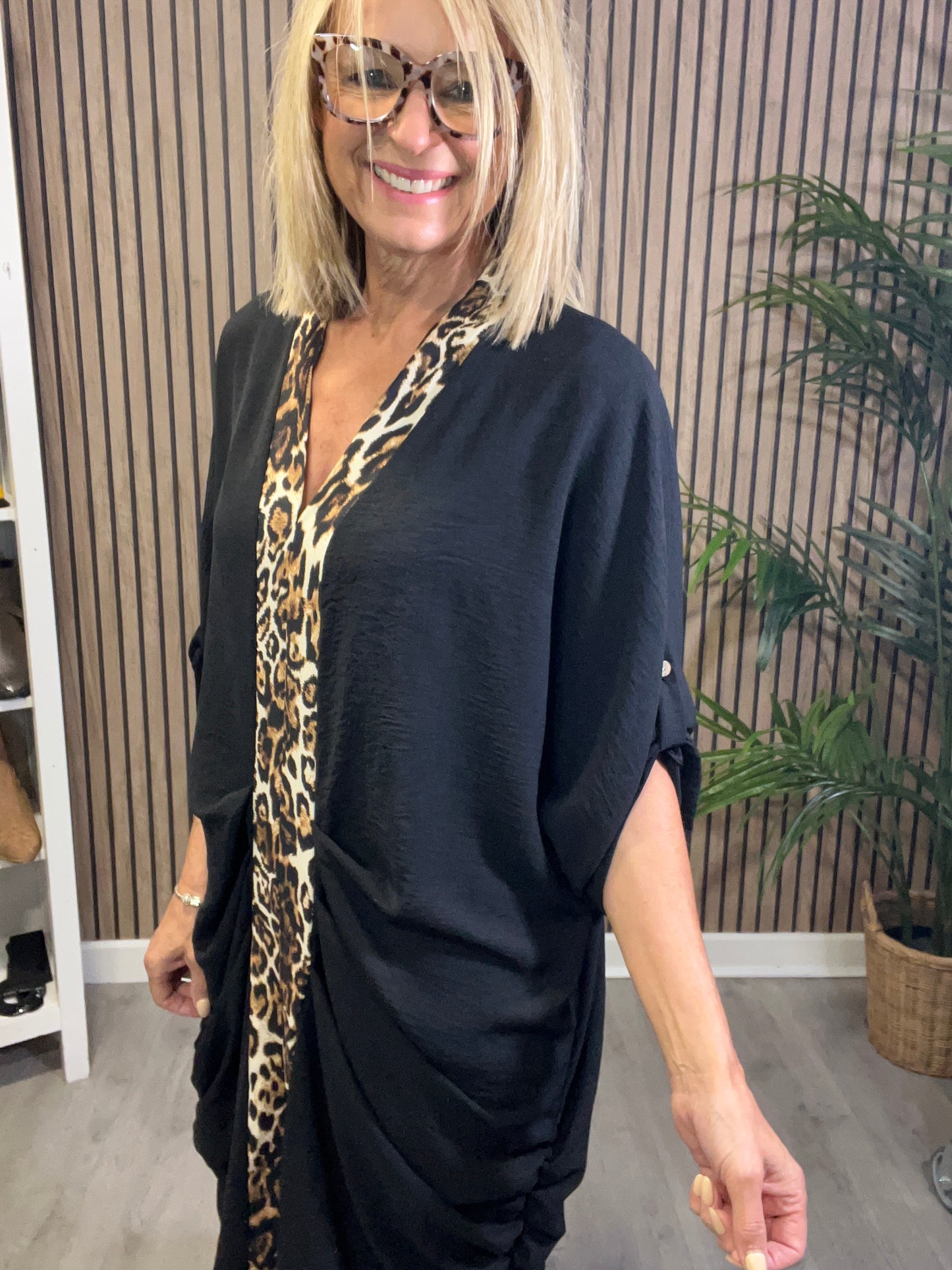 Leopard Print Trim Dress in Black