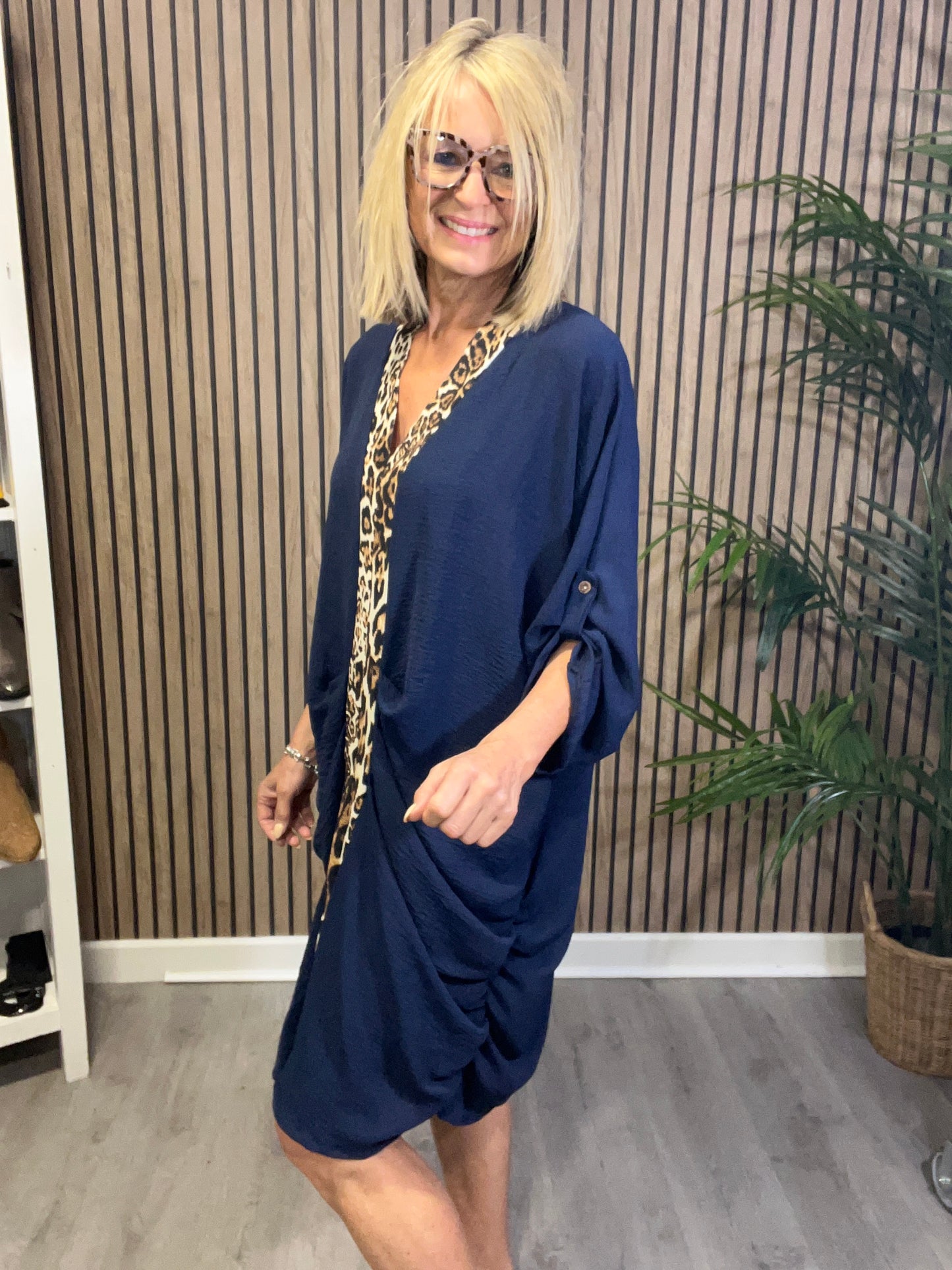 Leopard Print Trim Dress in Navy Blue