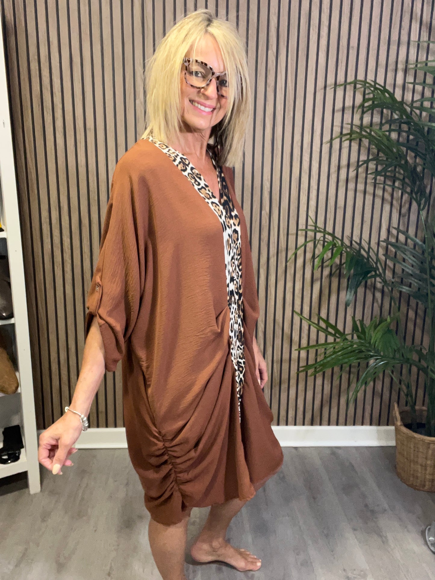 Leopard Print Trim Dress in Tan