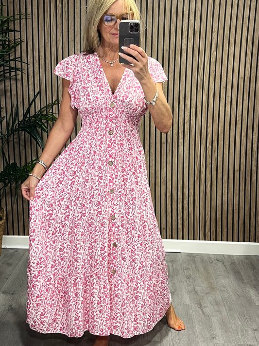 Floral Button Maxi Dress In Pink
