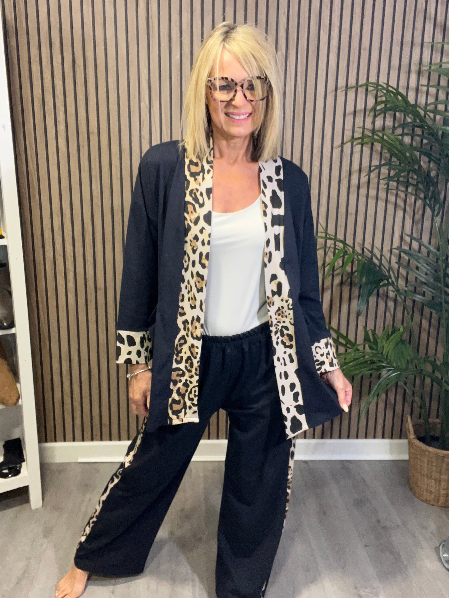 Animal Print Trim Jacket in Navy Blue