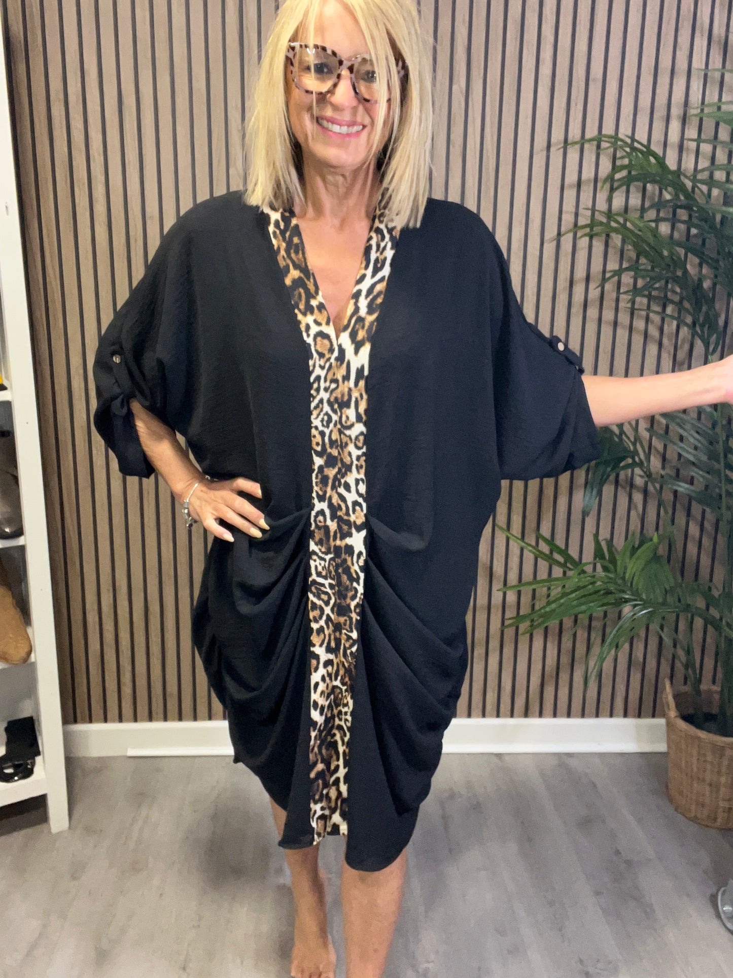 Leopard Print Trim Dress in Black