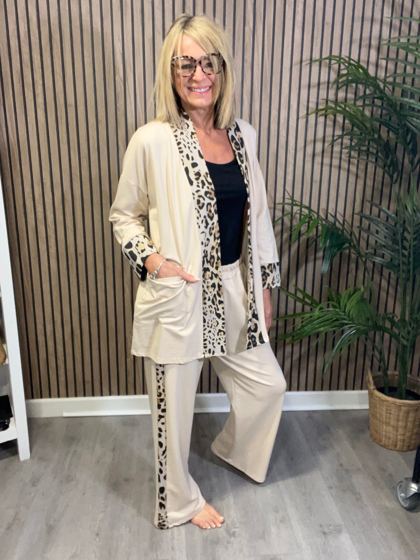 Animal Print Trim Trousers in Beige