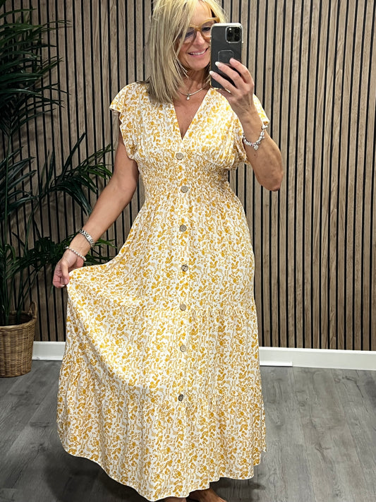 Floral Button Maxi Dress In Yellow