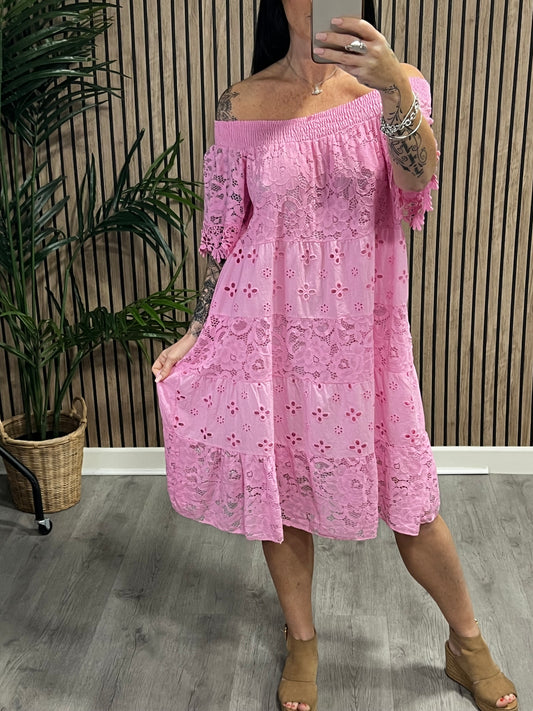 Crochet Bardot Dress In Pink