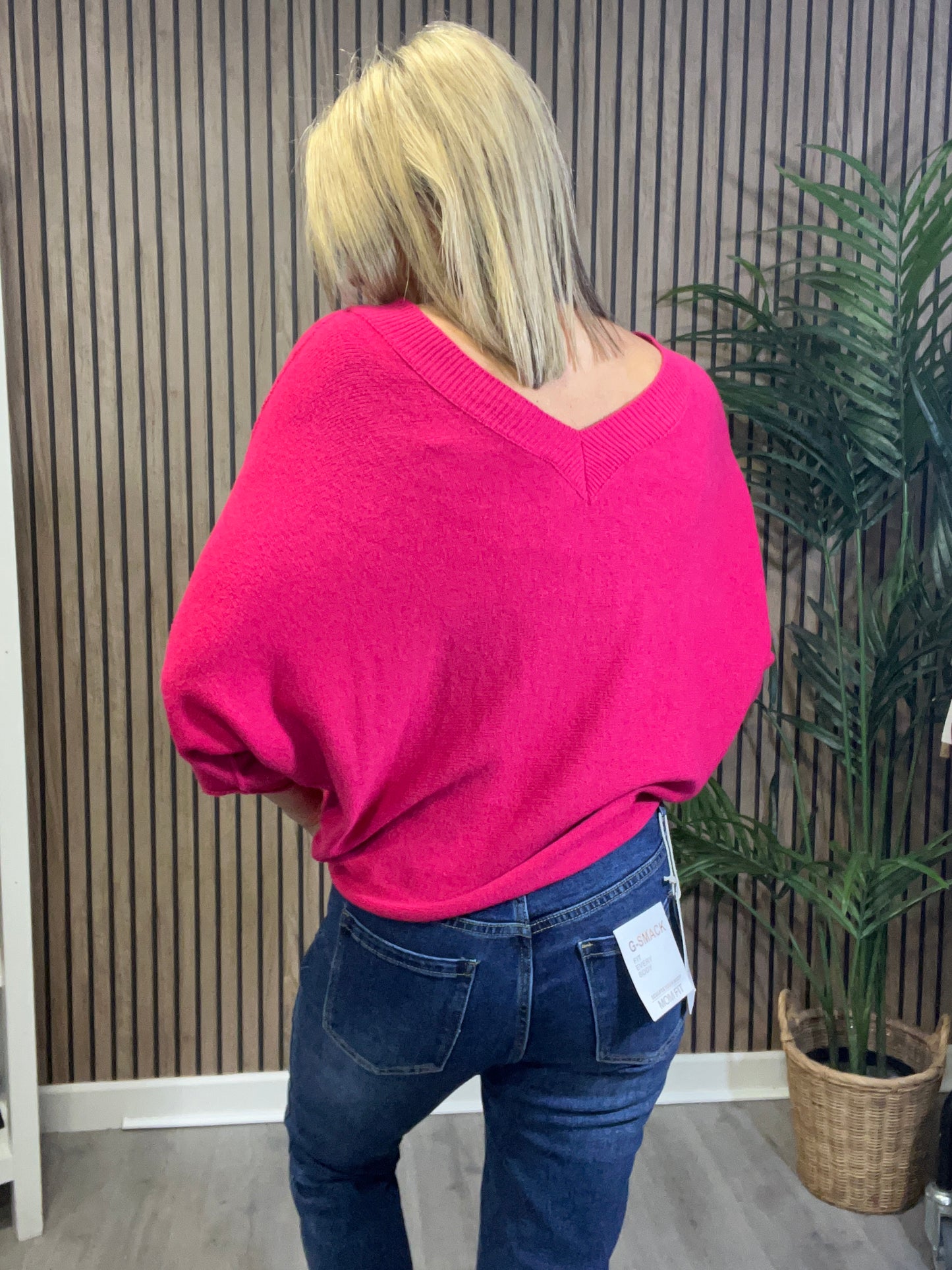 V Neck Front and Back Knit in Hot Pink