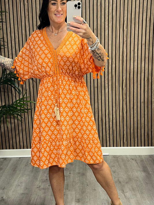Tabitha Tassel Diamond Midi Dress In Orange
