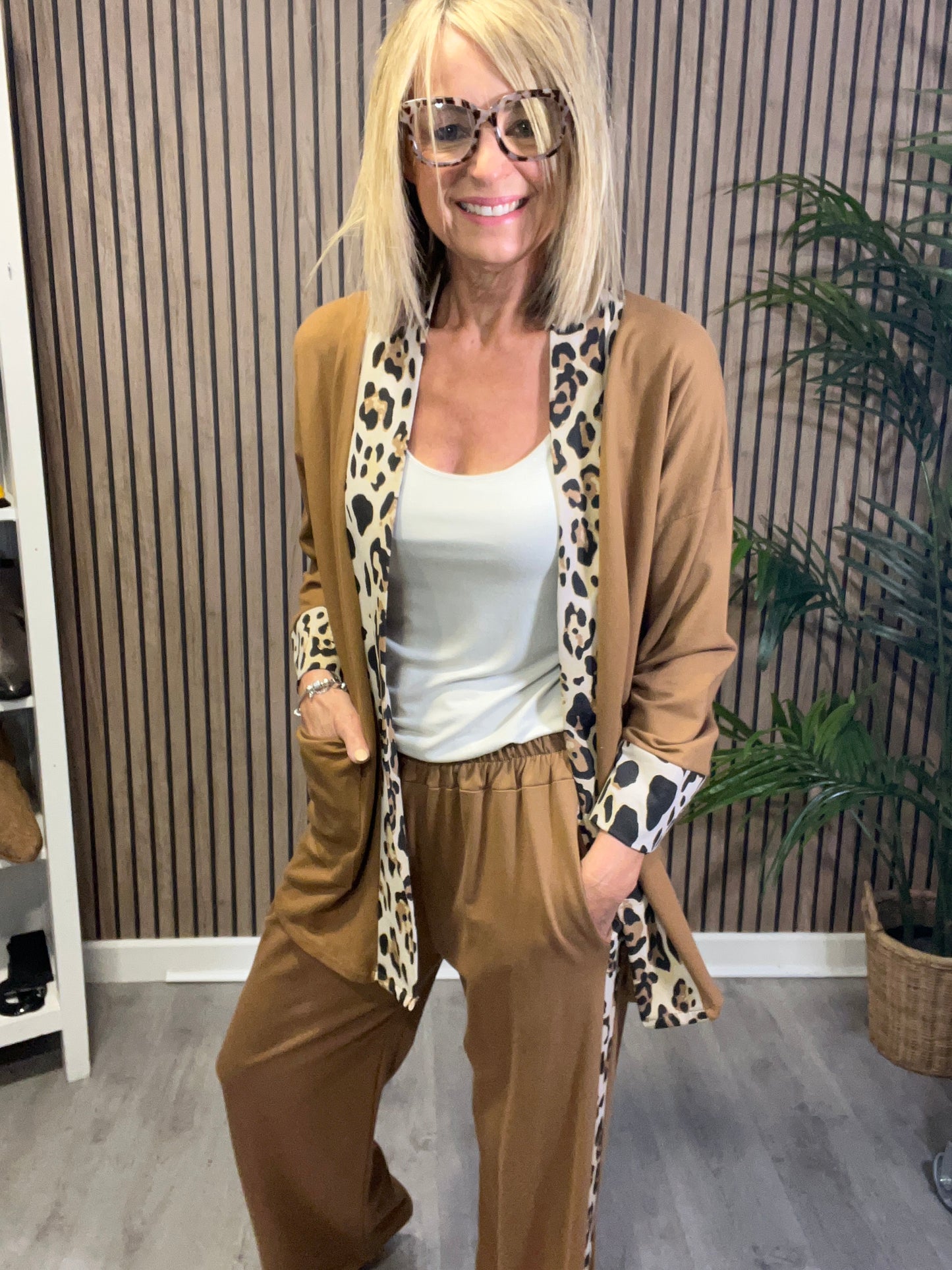 Animal Print Trim Jacket in Camel