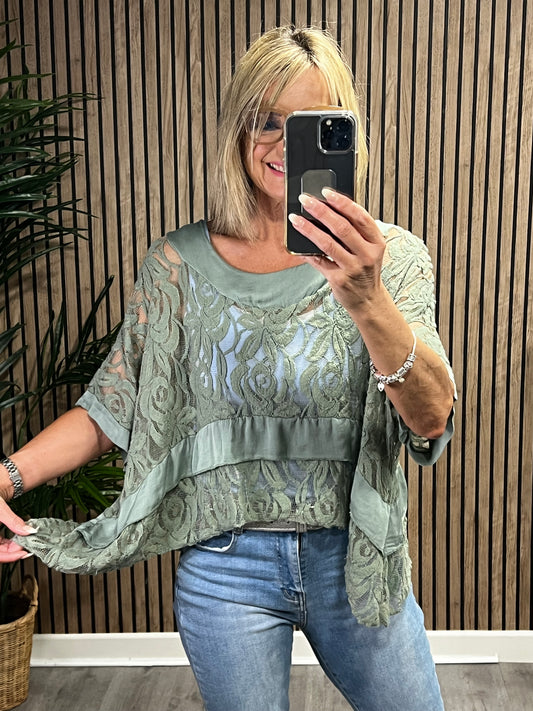 Lucy Lace Top In Khaki Green