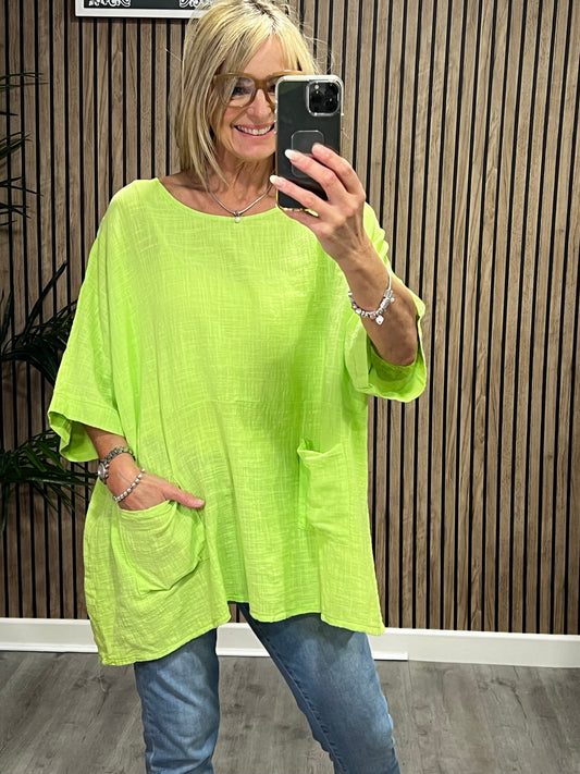 Oversized Two Pocket Top In Lime Green