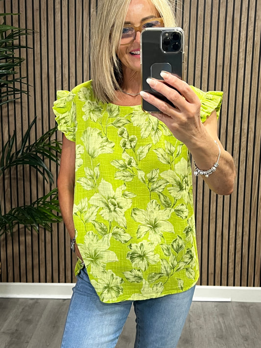 Floral Print Cotton Top In Lime Green