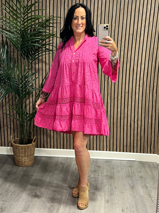 Broderie Anglaise Dress/Tunic In Hot Pink