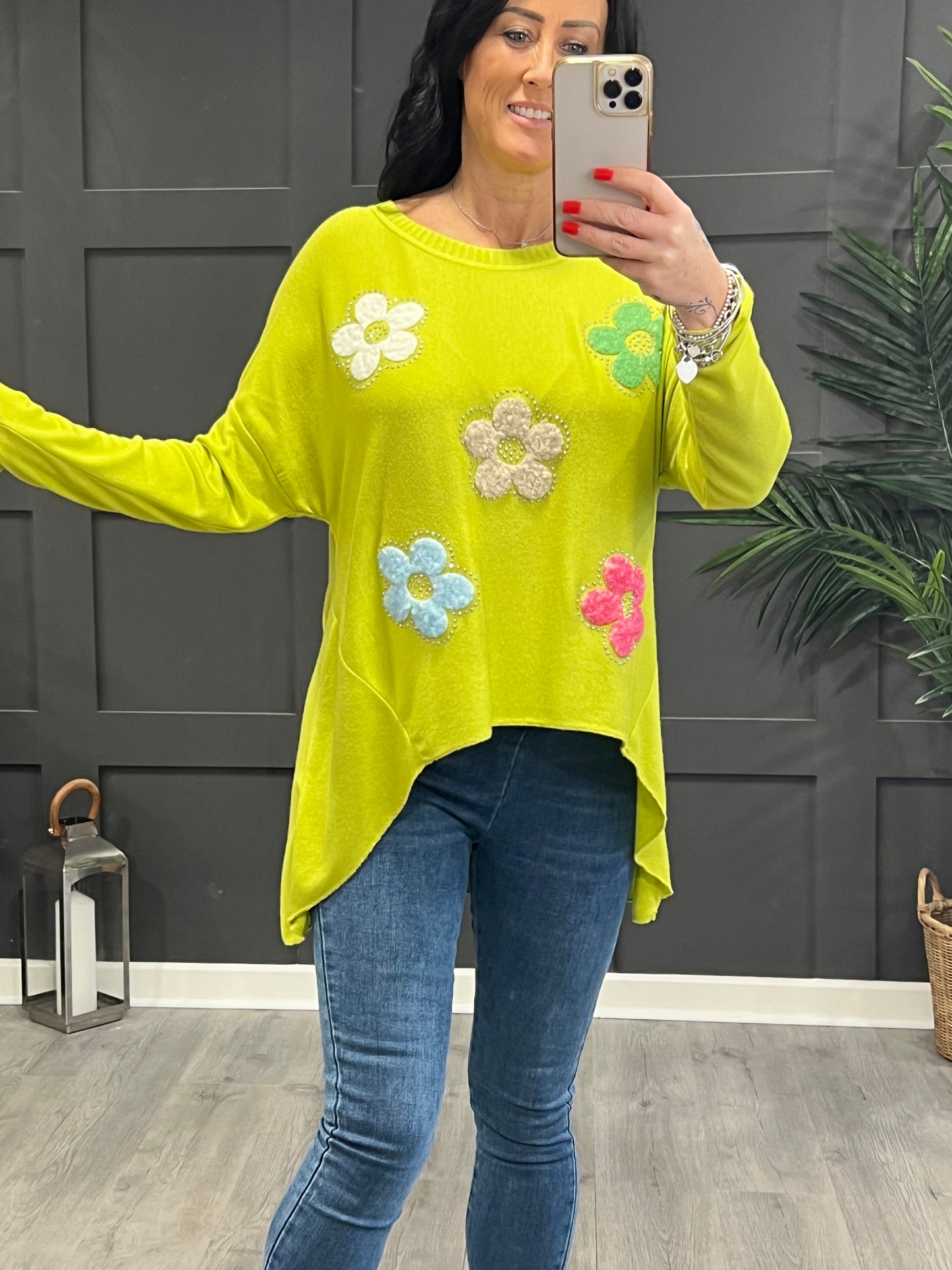 Flower Power Studded Top In Lime Green