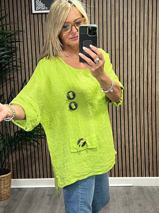 Woody Button Linen Top In Lime Green