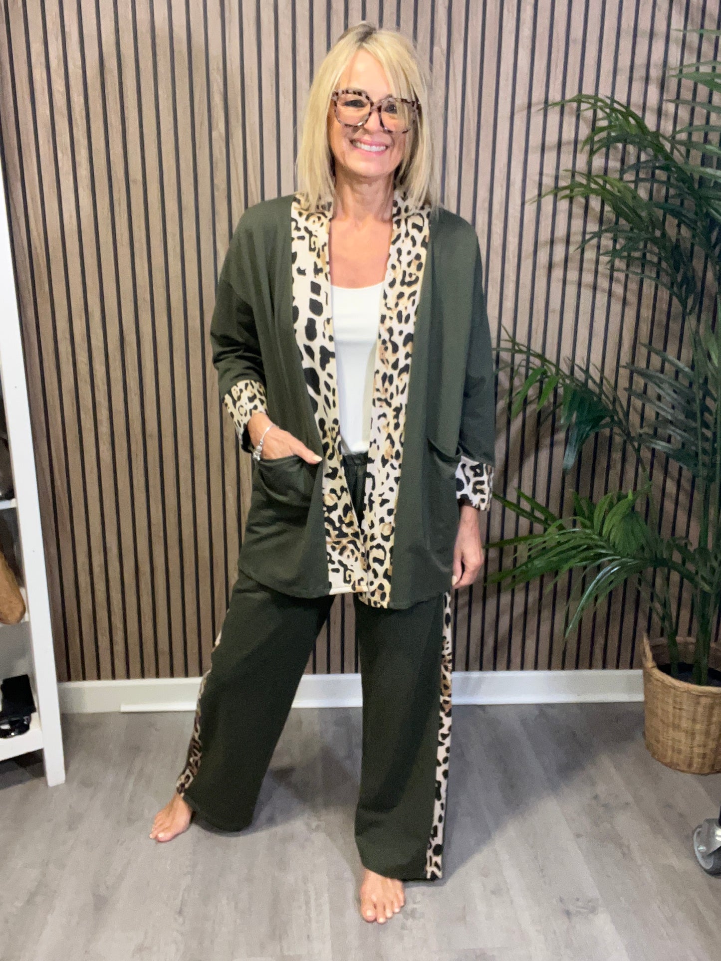 Animal Print Trim Trousers in Khaki Green