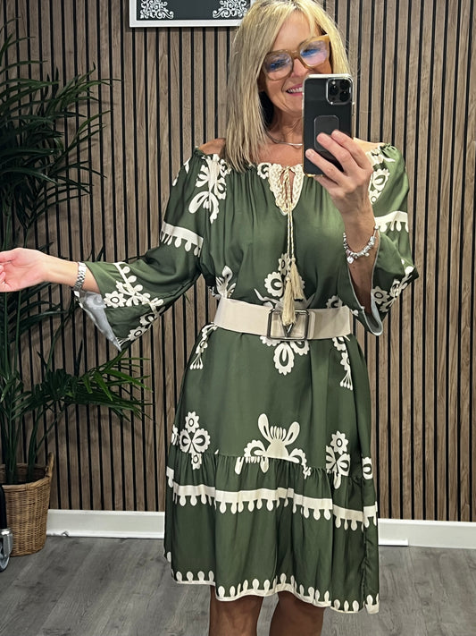 Becca Bardot Printed Dress In Khaki Green
