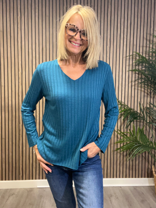 Ribbed V Neck Knit in Teal