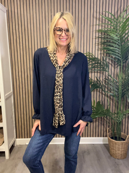 Leopard Print Tie Blouse In Navy Blue