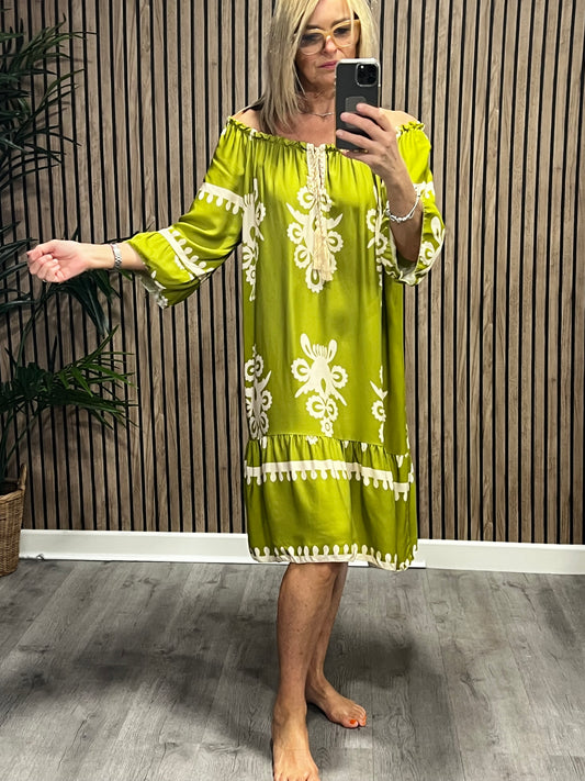 Becca Bardot Printed Dress In Lime Green