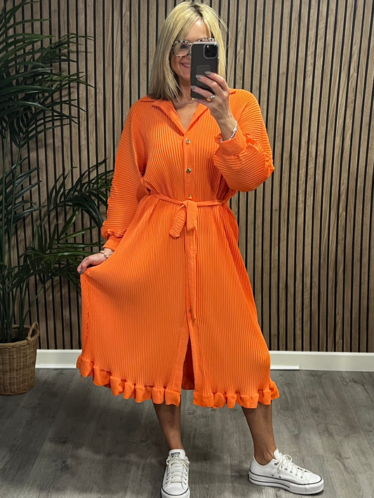 Pleated Frill Midi Dress In Orange