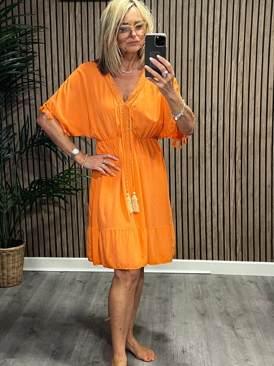 Tabitha Tassel Plain Midi Dress In Orange