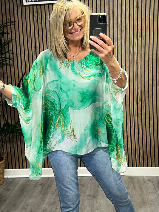 Watercolour Lined Silk Top In Green