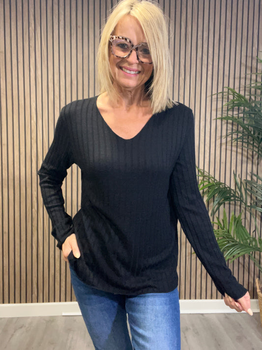 Ribbed V Neck Knit in Black