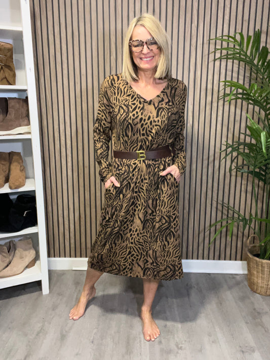 Animal Print Belted Dress  In Camel