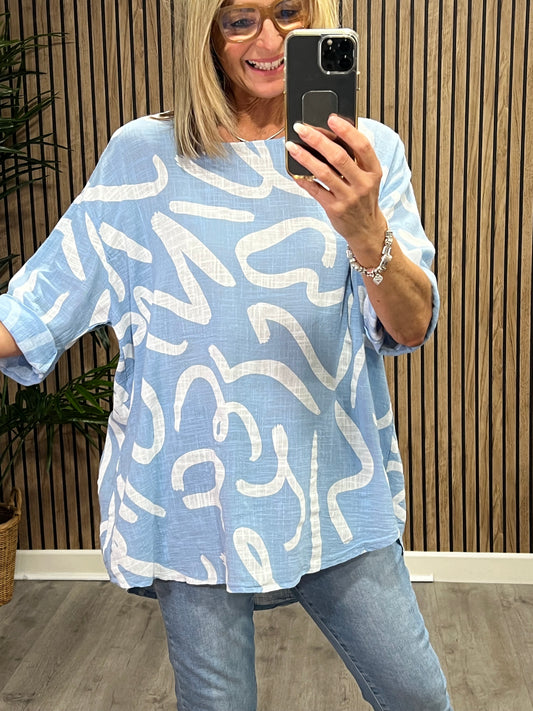 Squiggle Tunic Top In Baby Blue