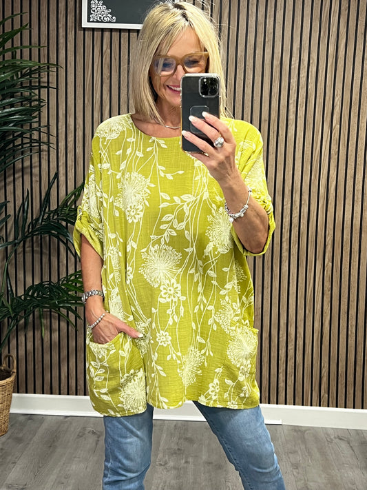 Fee Floral Tunic Top In Lime Green