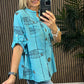 Fish Print Cotton Top In Turquoise Blue