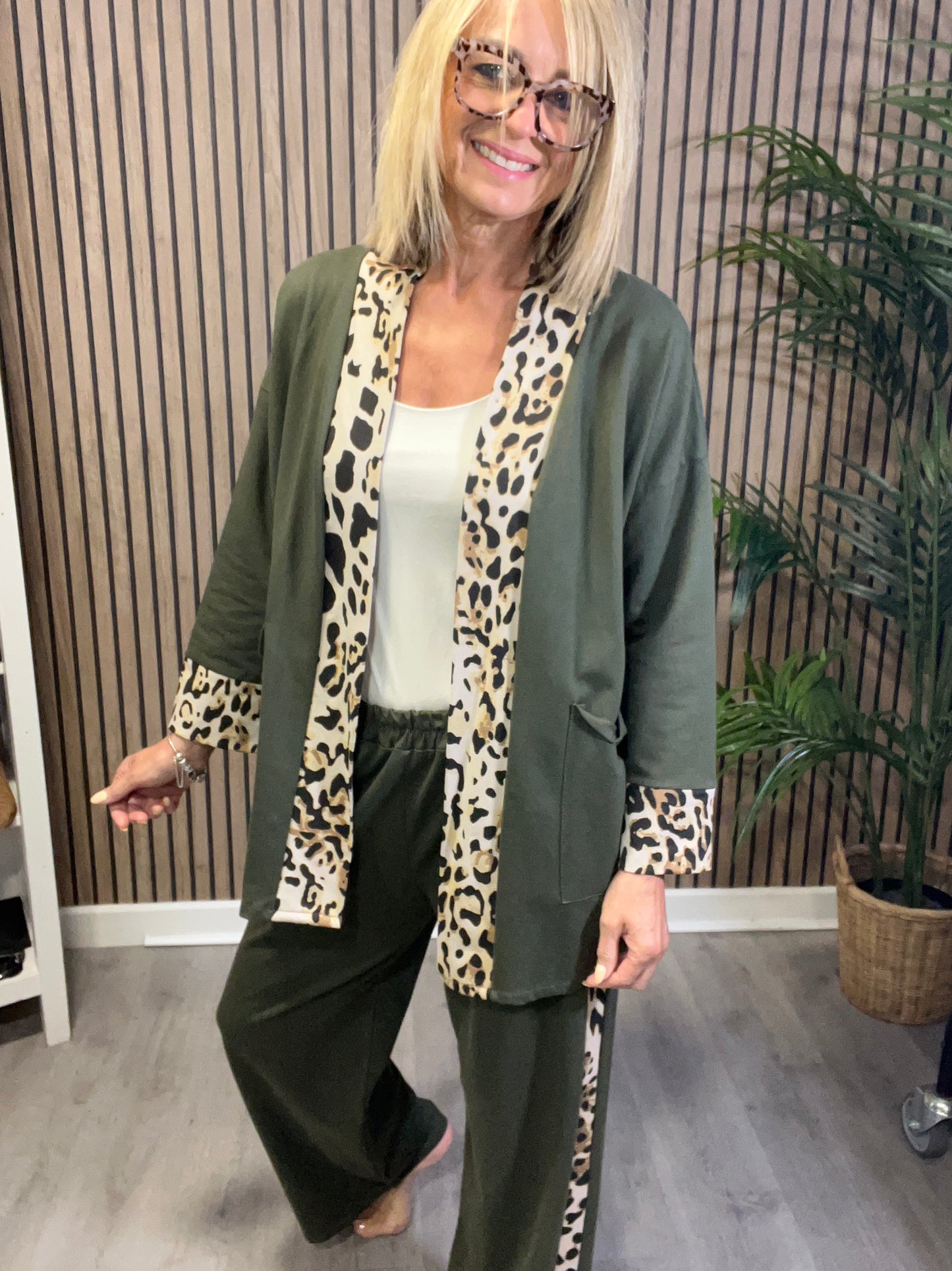 Animal Print Trim Trousers in Khaki Green