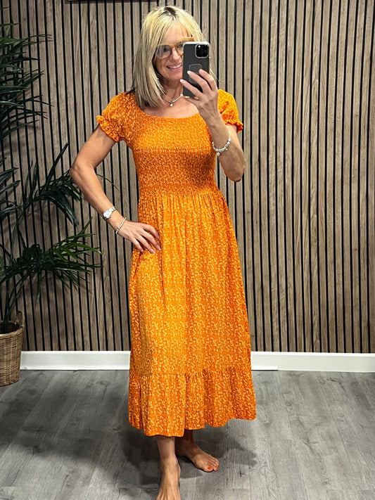 Smock Cap Sleeve Ditsy Dress In Orange