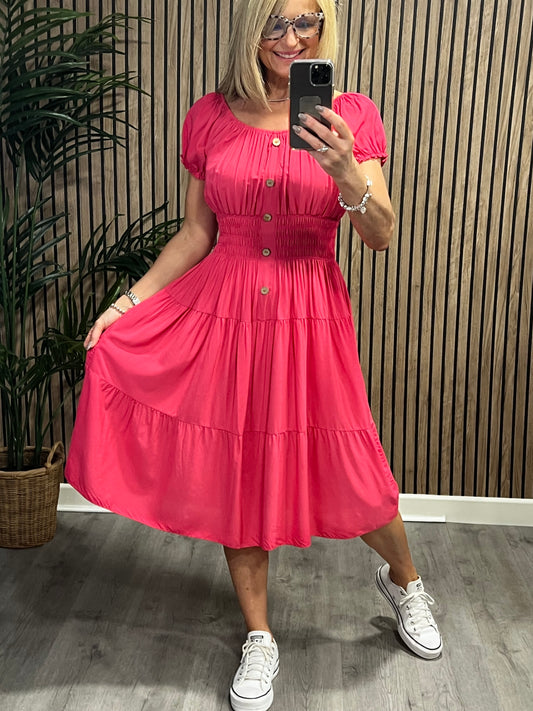 Bea Bardot Midi Dress In Hot Pink